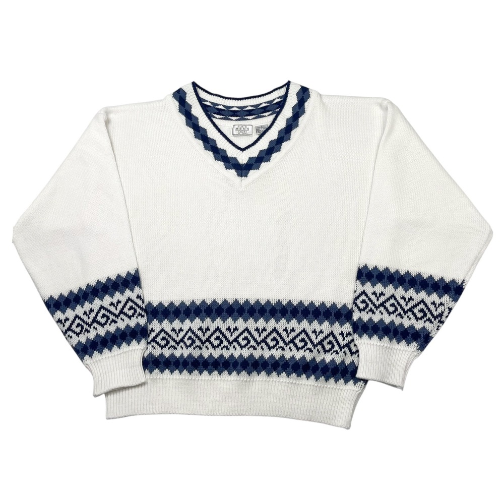 Vintage Men's Knit Sweater from Sears Sz L White Blue Geometric Winter Cabincore